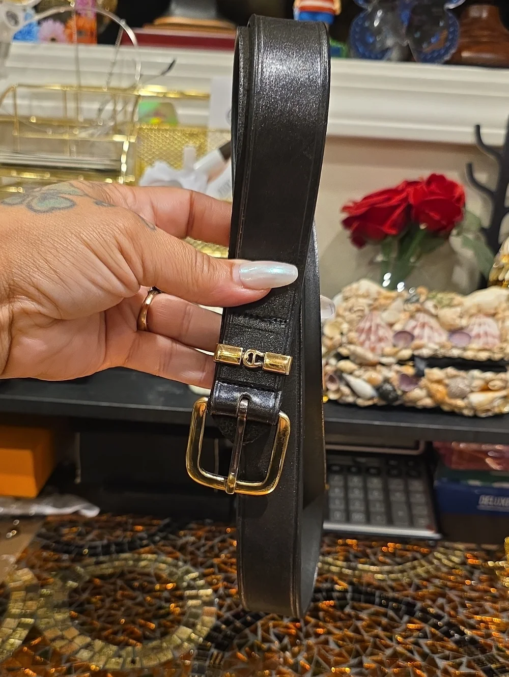 Etienne Aigner Black Leather Belt with Gold Hardware